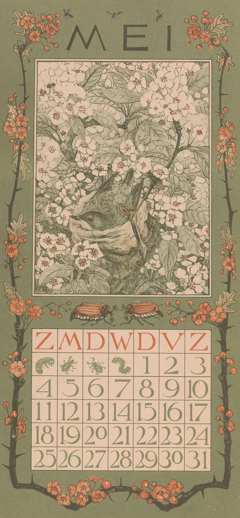 Kalenderblad Mei Met Vogel Tussen Bloesem