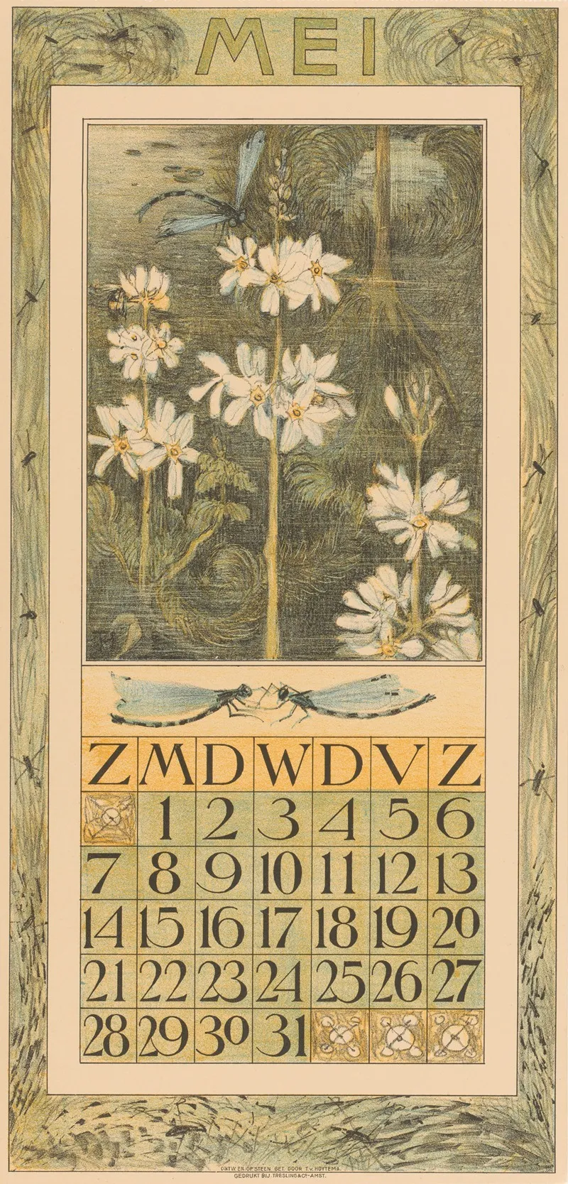 Kalenderblad Mei Met Waterplanten En Libel