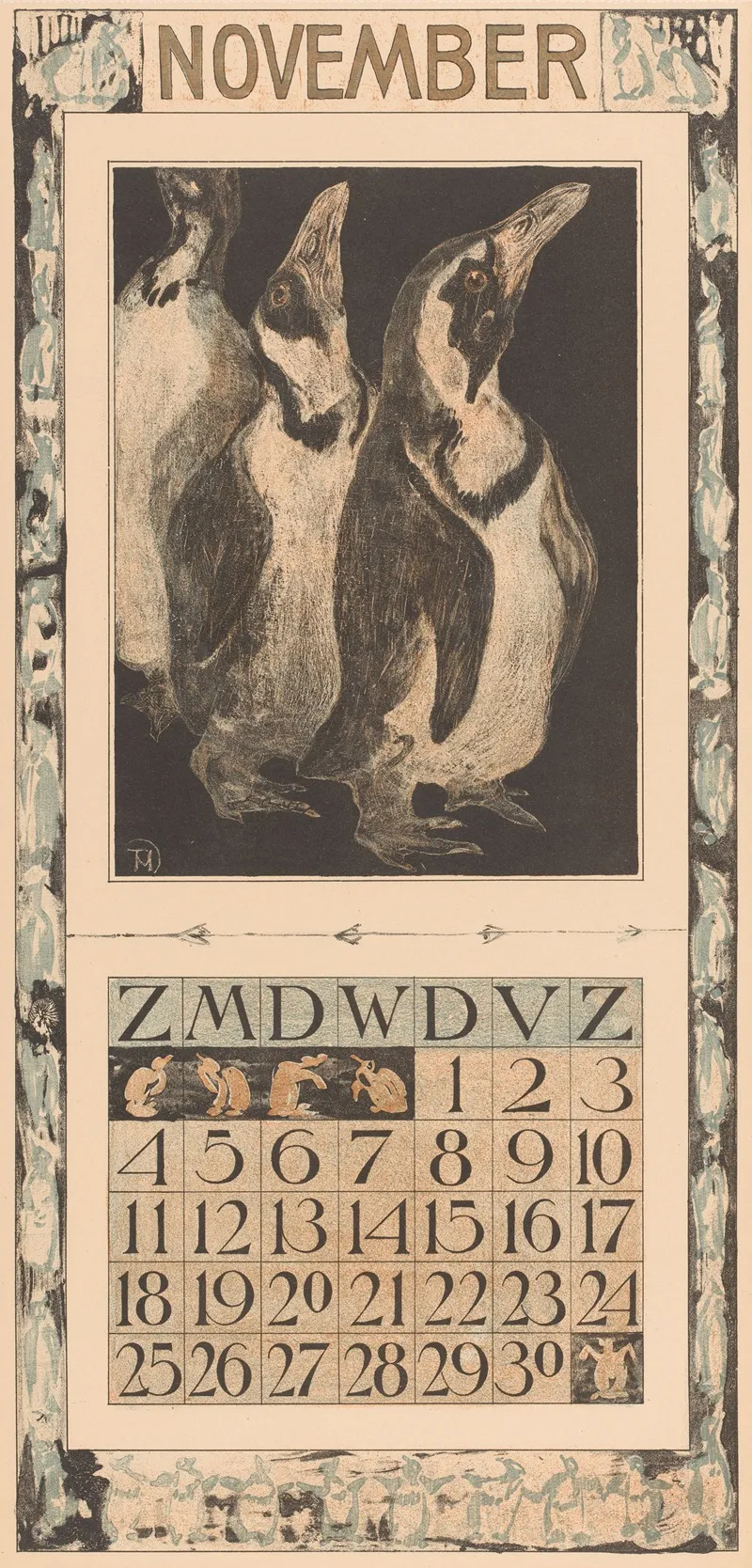 Kalenderblad November Met Drie Pinguins