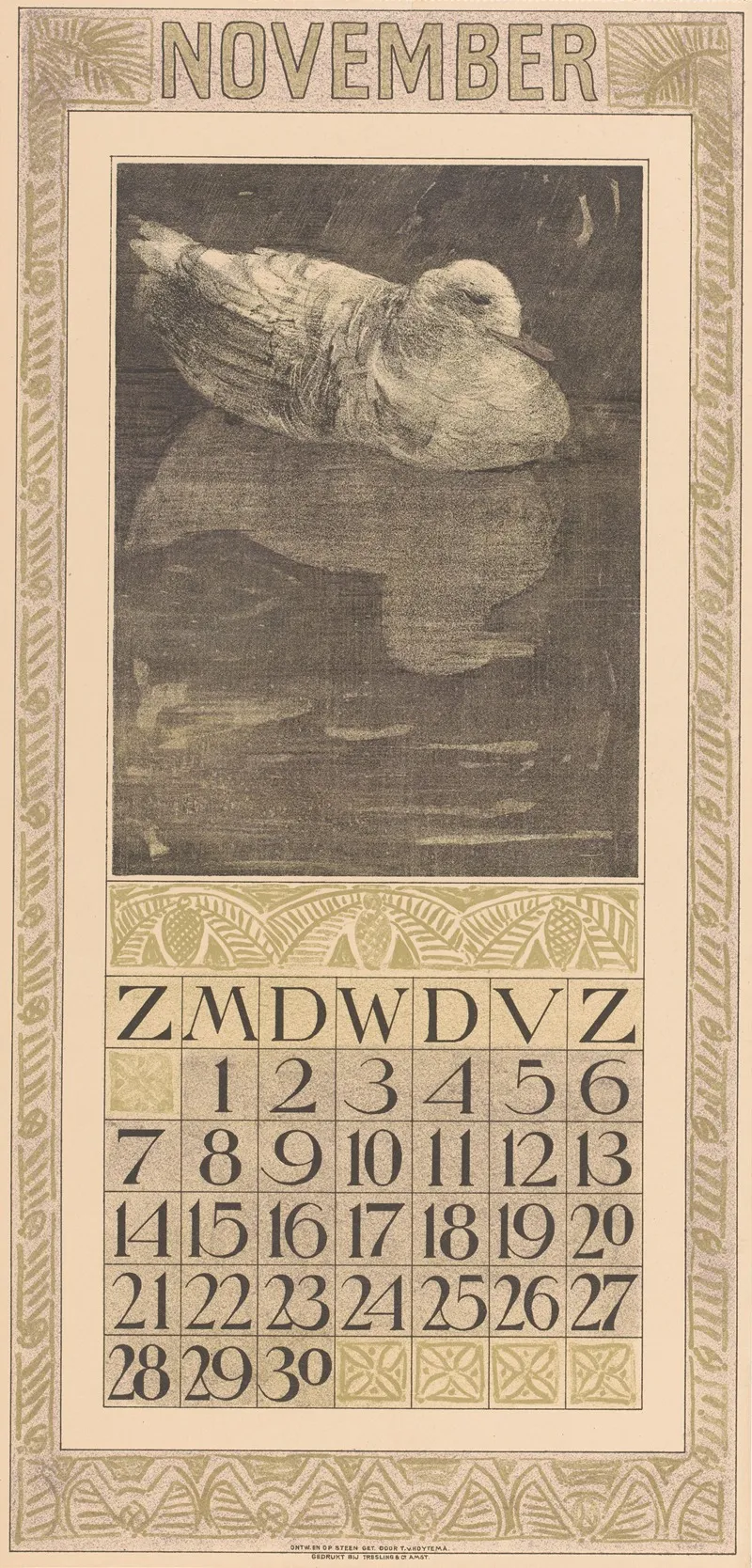 Kalenderblad November Met Drijvende Eend