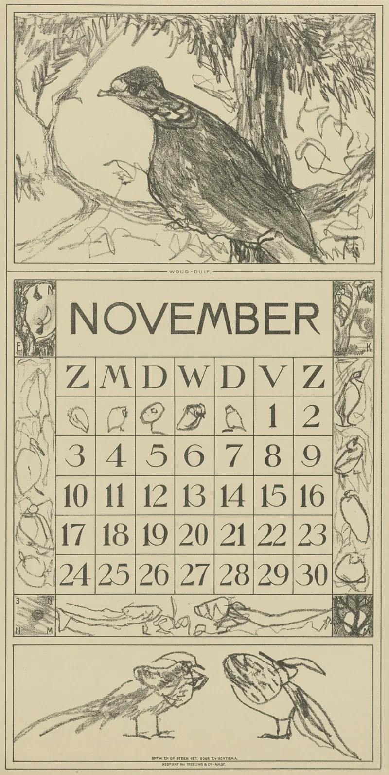 Kalenderblad November Met Houtduif