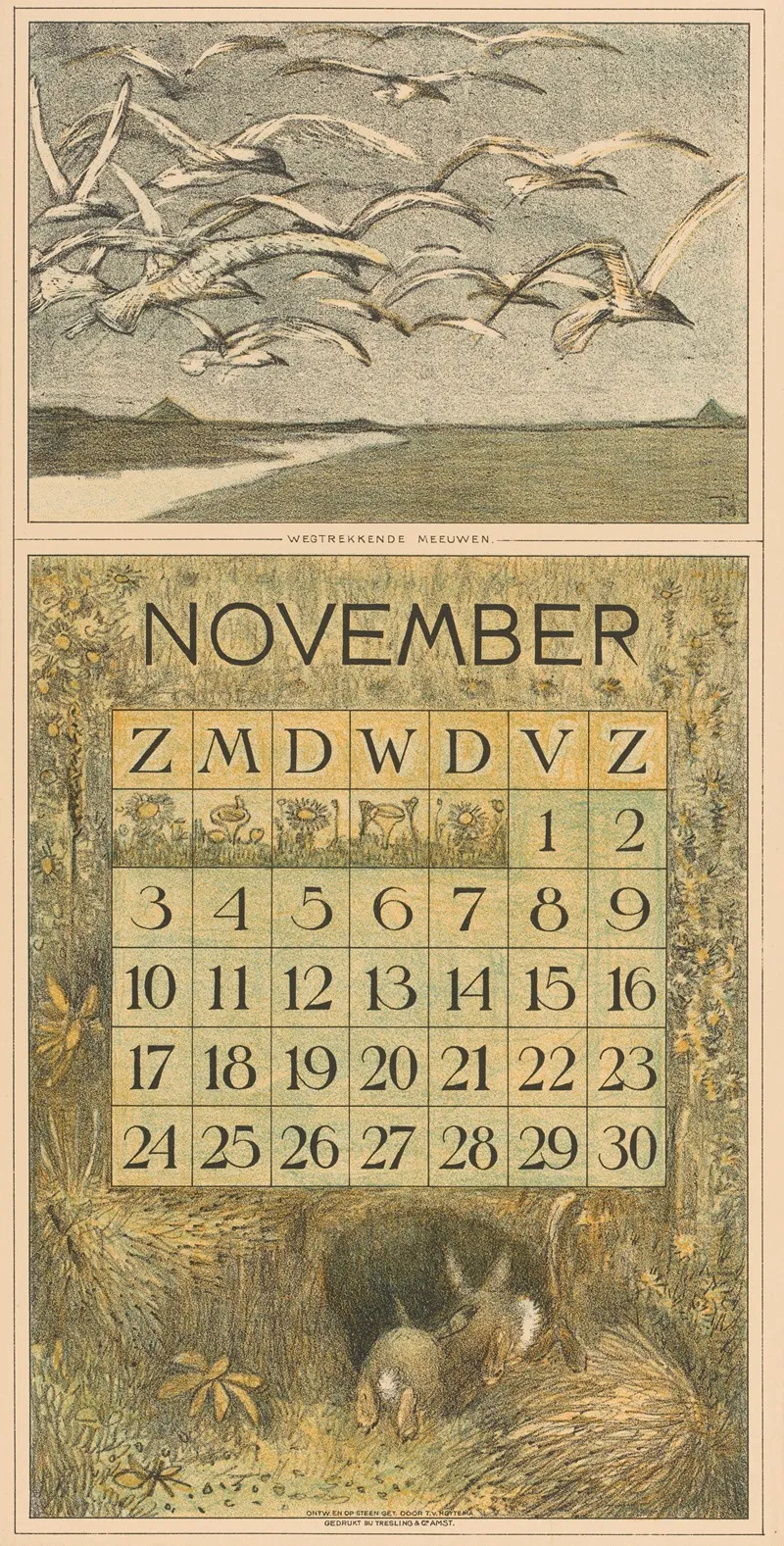 Kalenderblad November Met Meeuwen En Konijnen