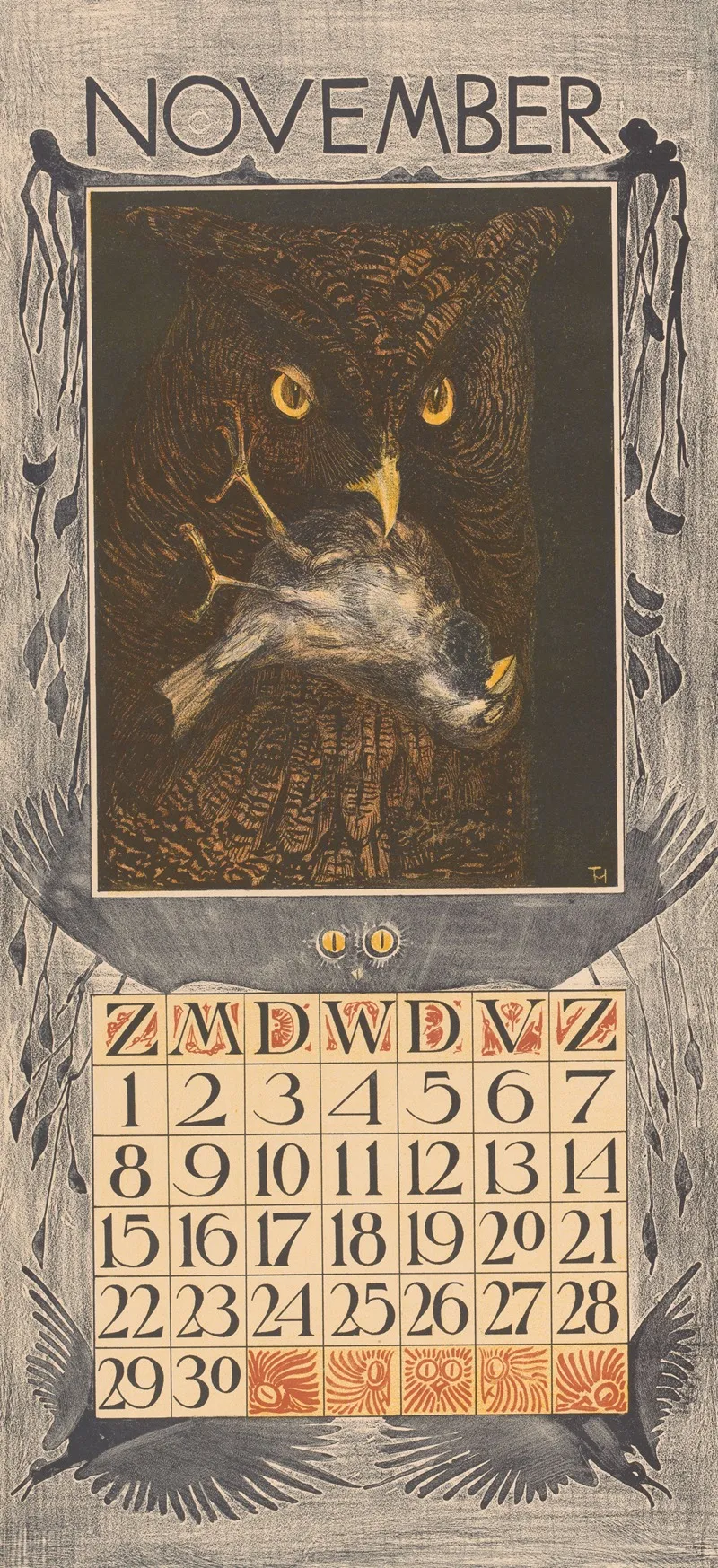 Kalenderblad November Met Uil En Mus
