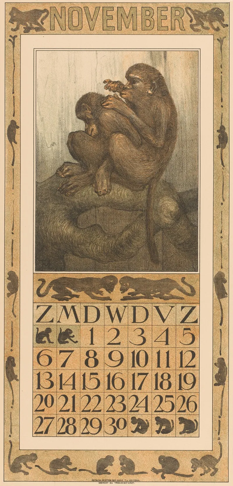 Kalenderblad November Met Vlooiende Apen