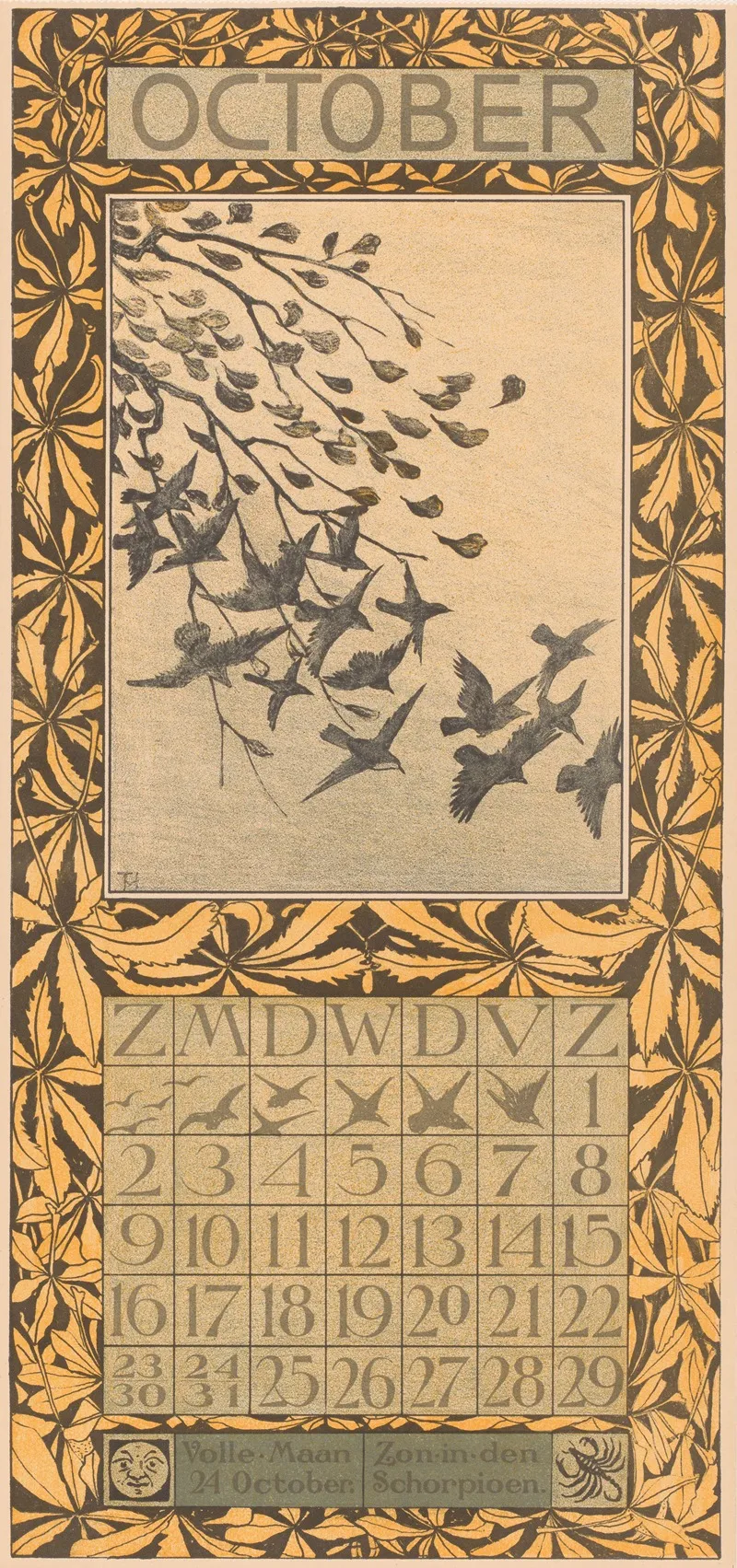 Kalenderblad Oktober Met Bladeren En Vogels