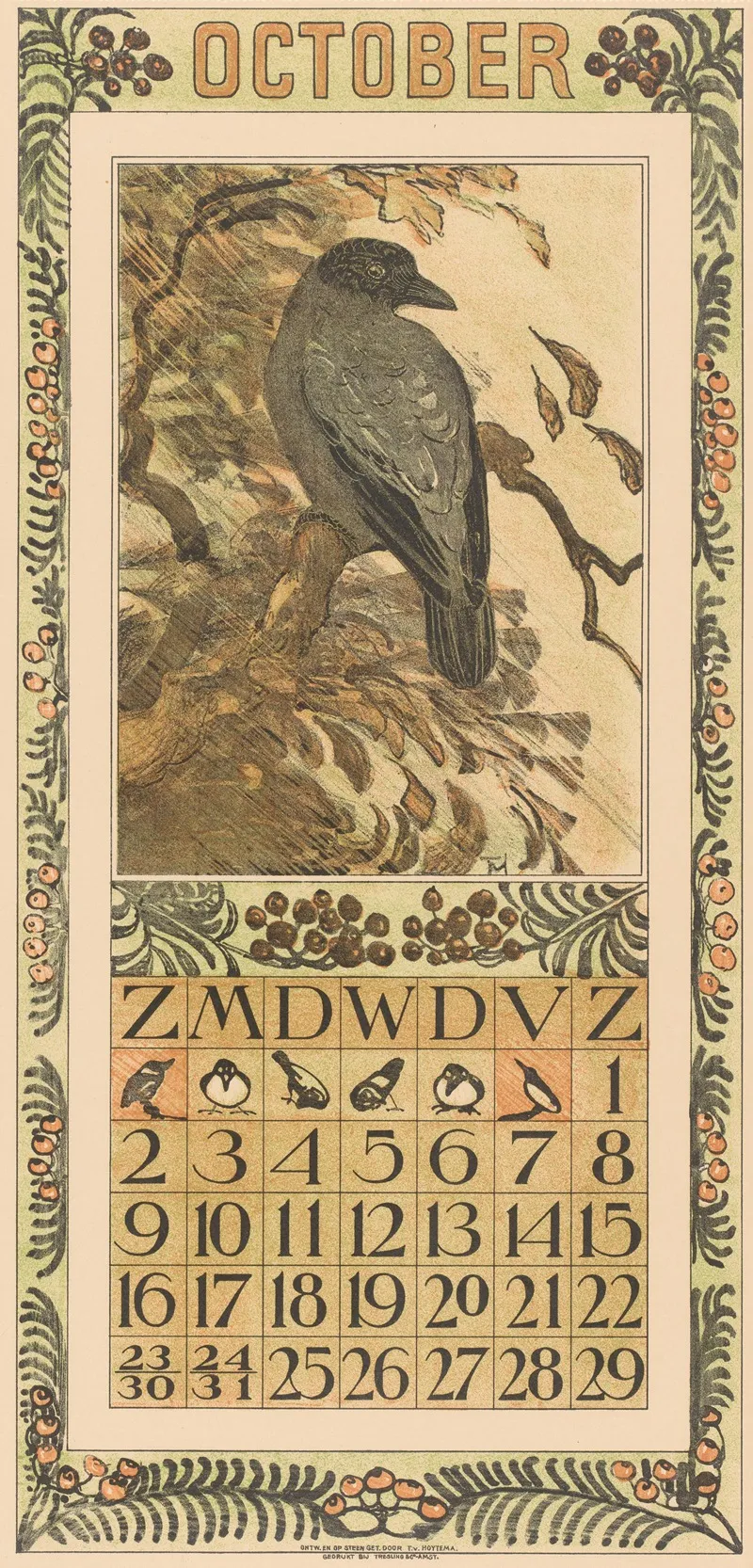 Kalenderblad Oktober Met Bonte Kraai