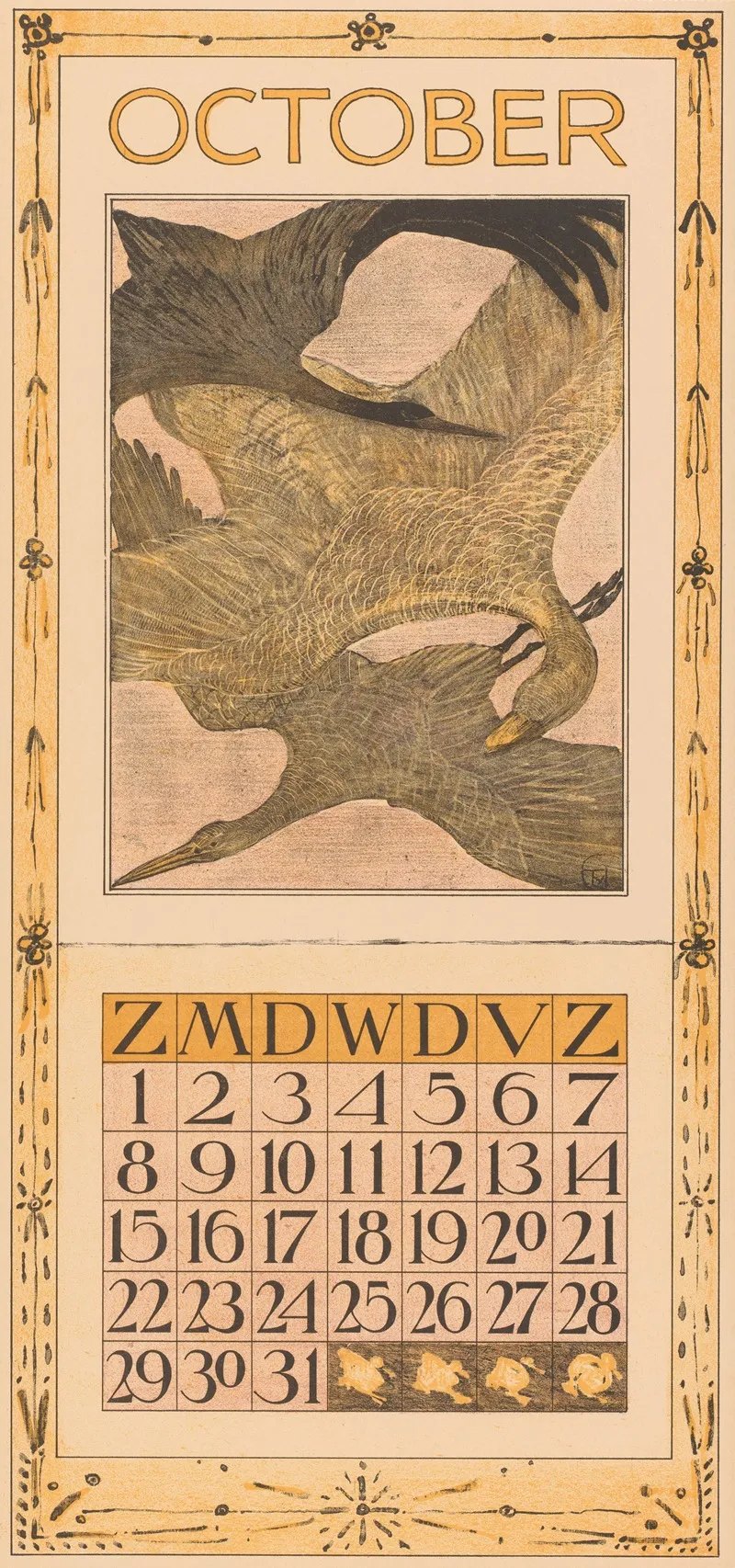 Kalenderblad Oktober Met Drie Vogels