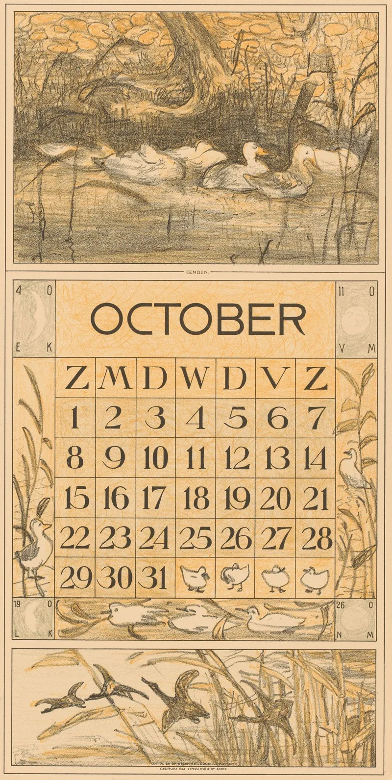 Kalenderblad Oktober Met Eenden