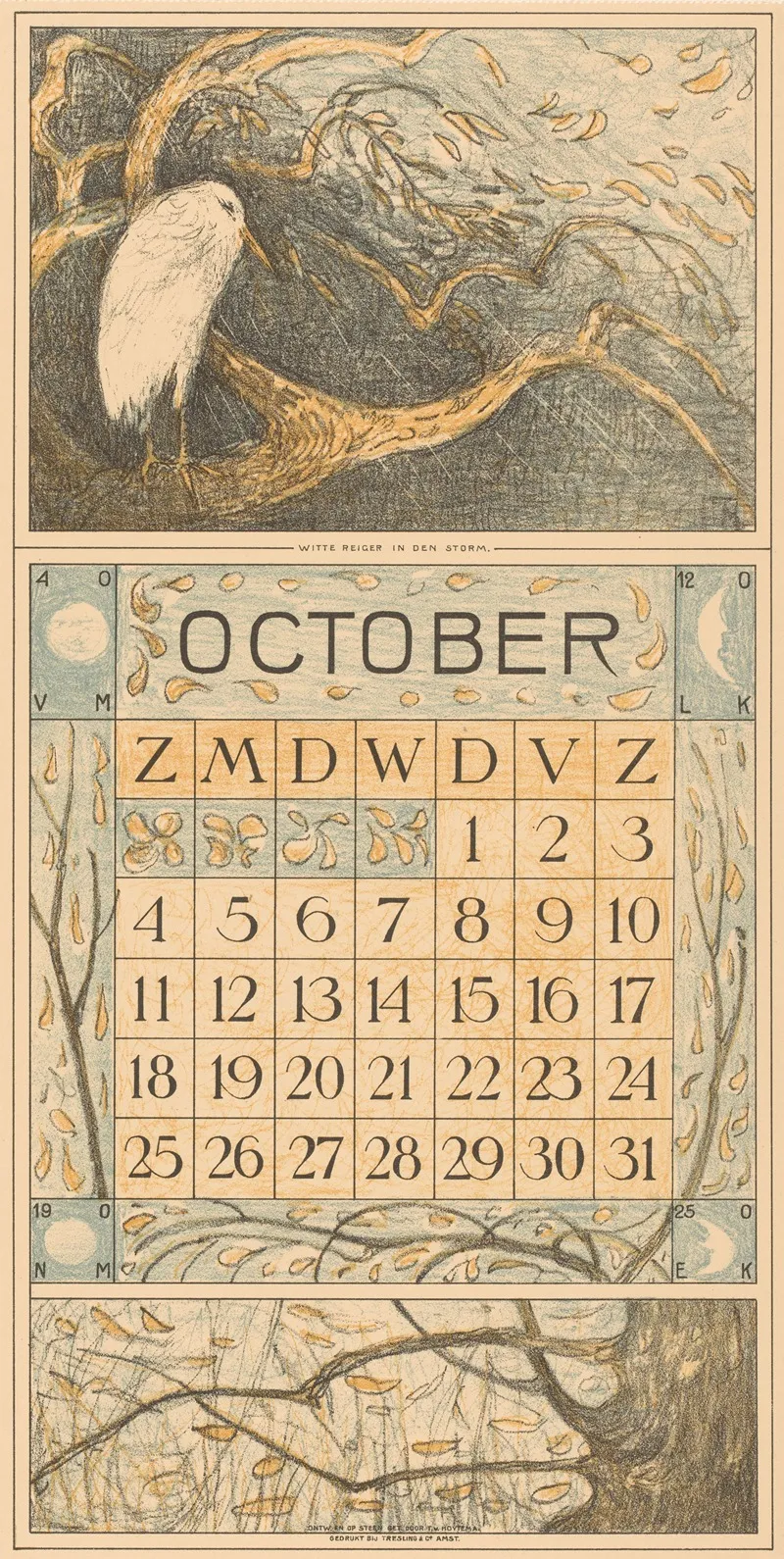 Kalenderblad Oktober Met Reiger In De Regen