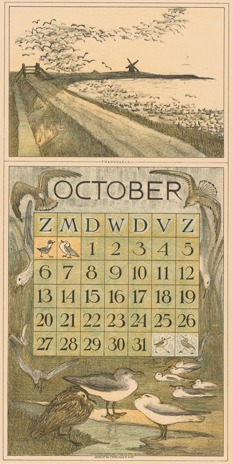 Kalenderblad Oktober Met Trekvogels