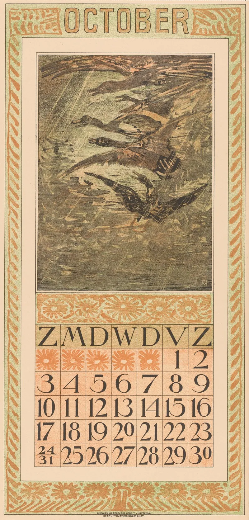 Kalenderblad Oktober Met Vliegende Eenden