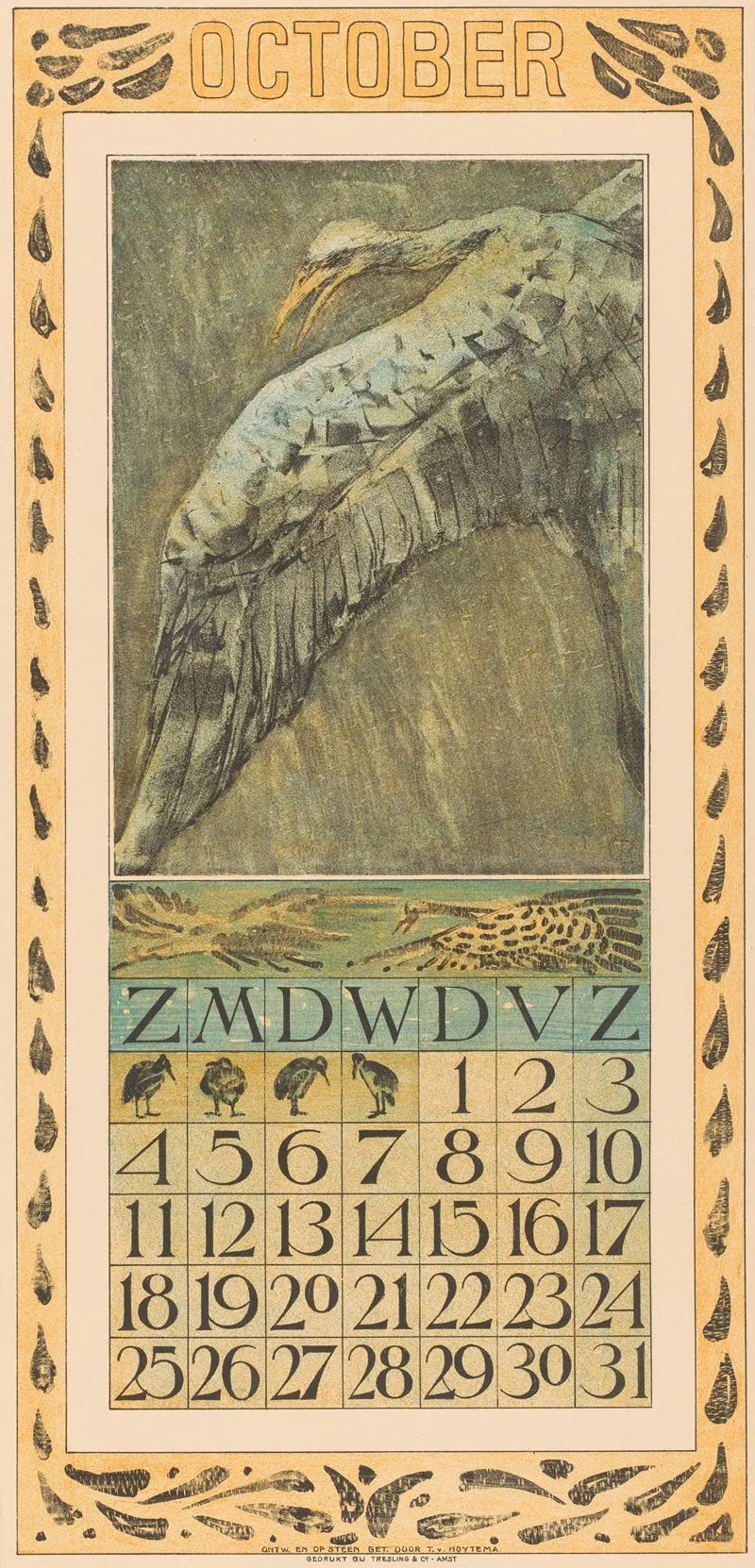 Kalenderblad Oktober Met Vliegende Vogel