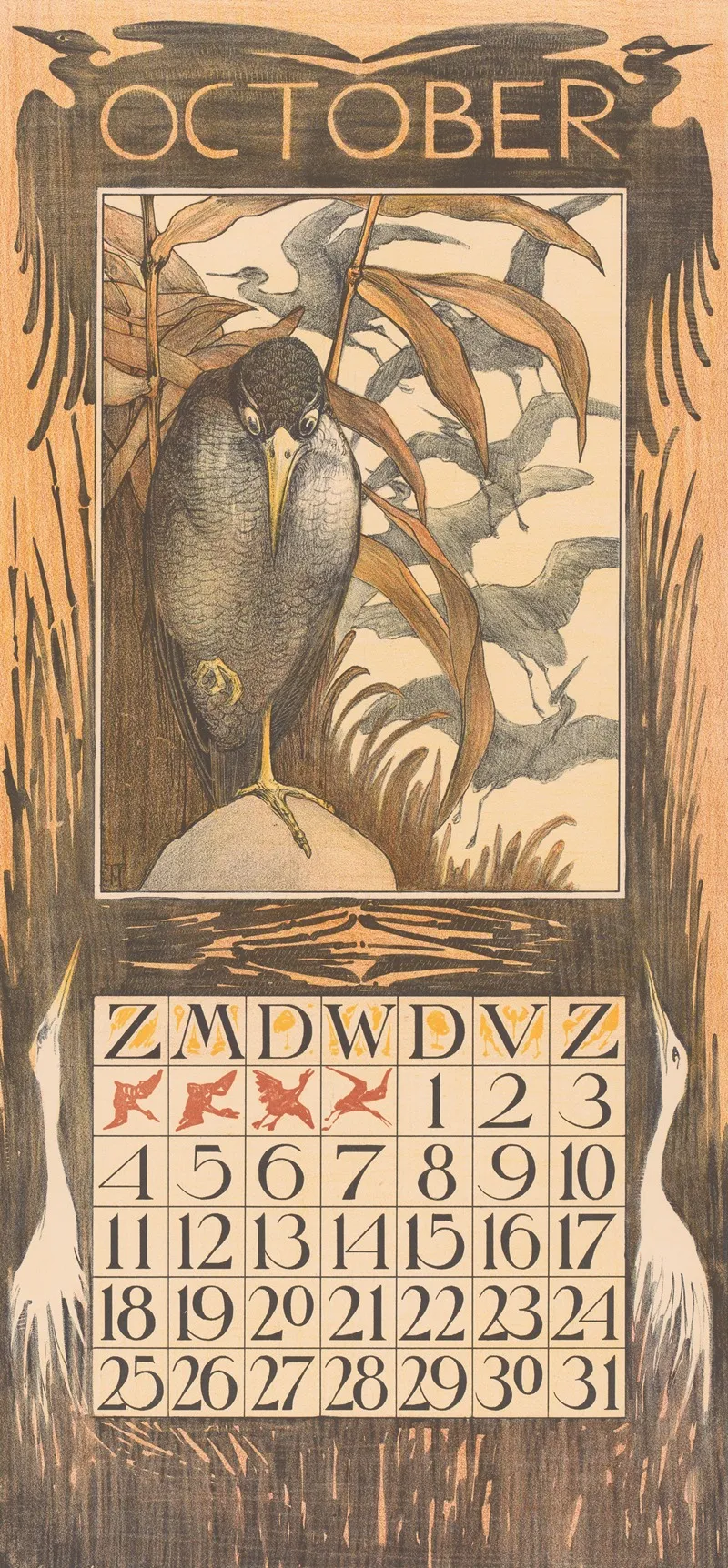 Kalenderblad Oktober Met Vogel Op Een Poot