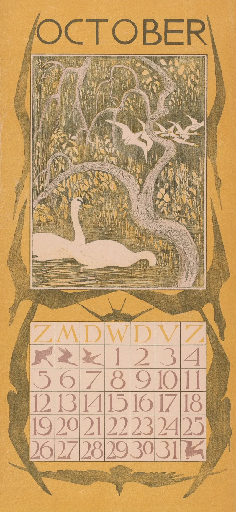 Kalenderblad Oktober Met Zwanen