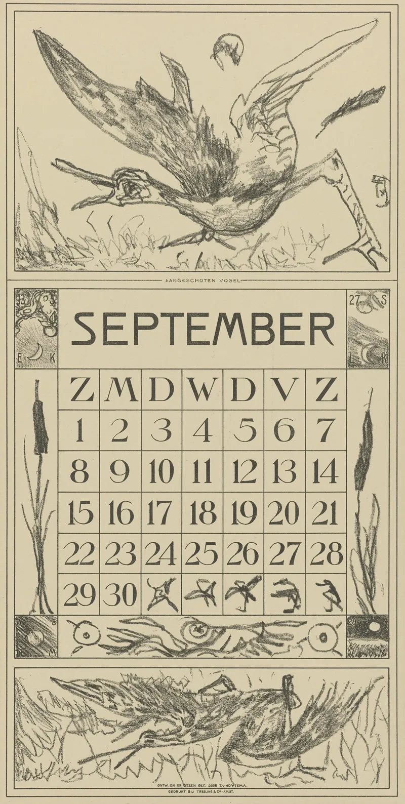 Kalenderblad September Met Aangeschoten Vogel