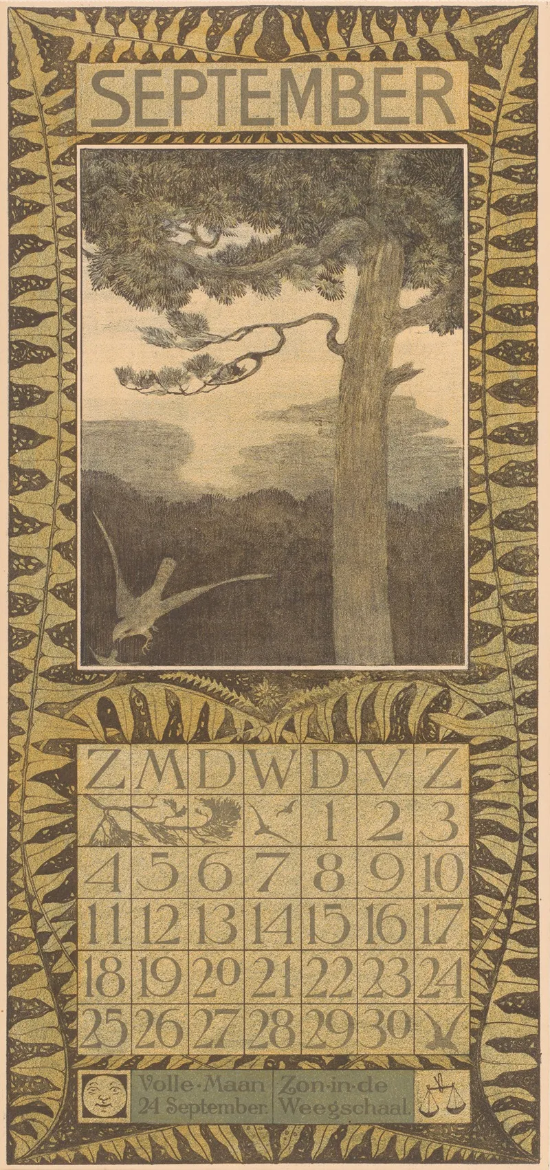 Kalenderblad September Met Boom En Valk