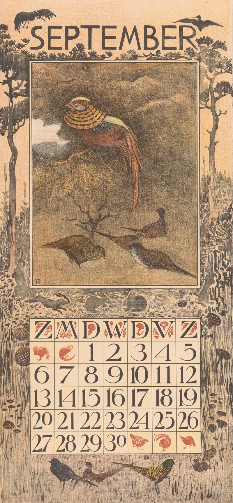 Kalenderblad September Met Fazanten
