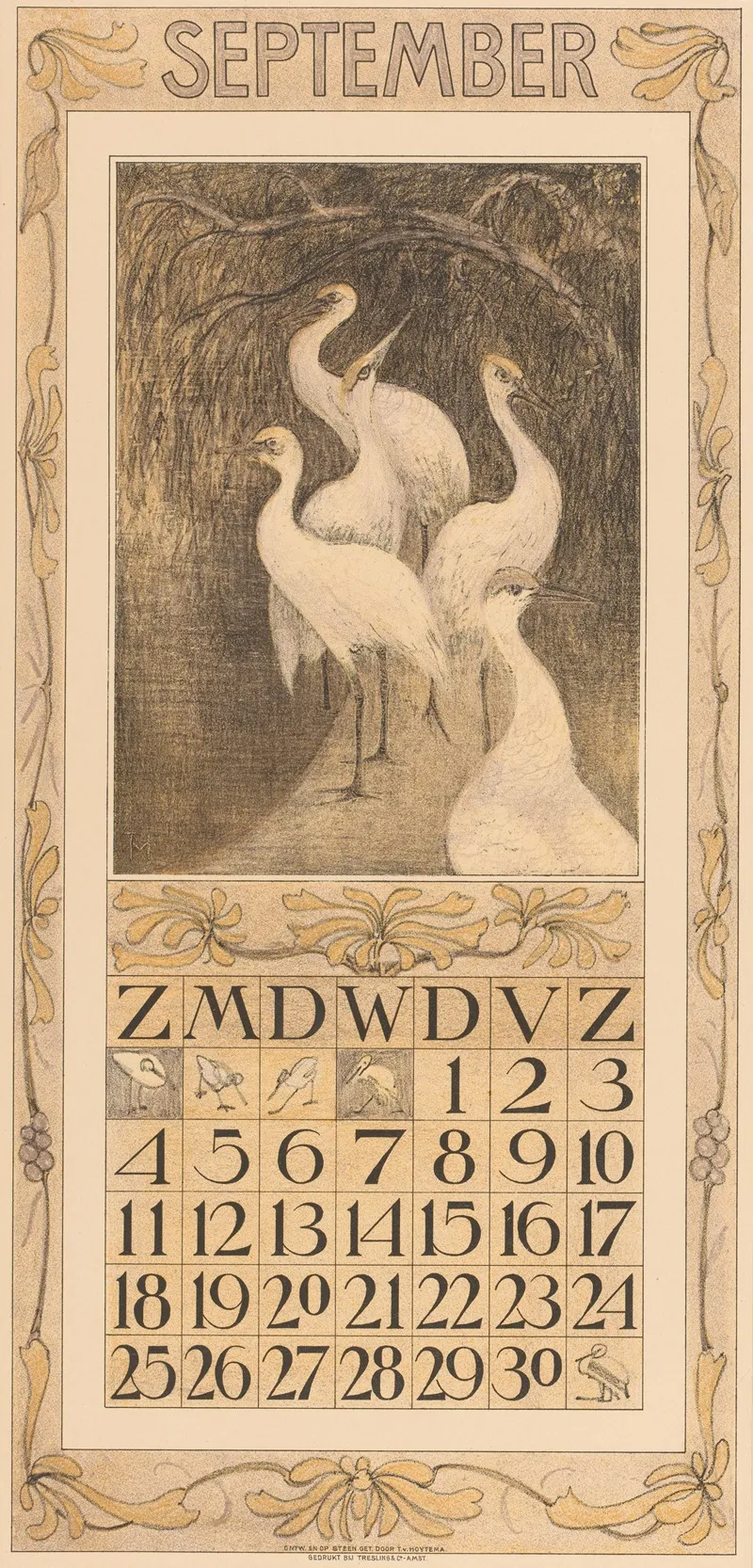 Kalenderblad September Met Kraanvogels