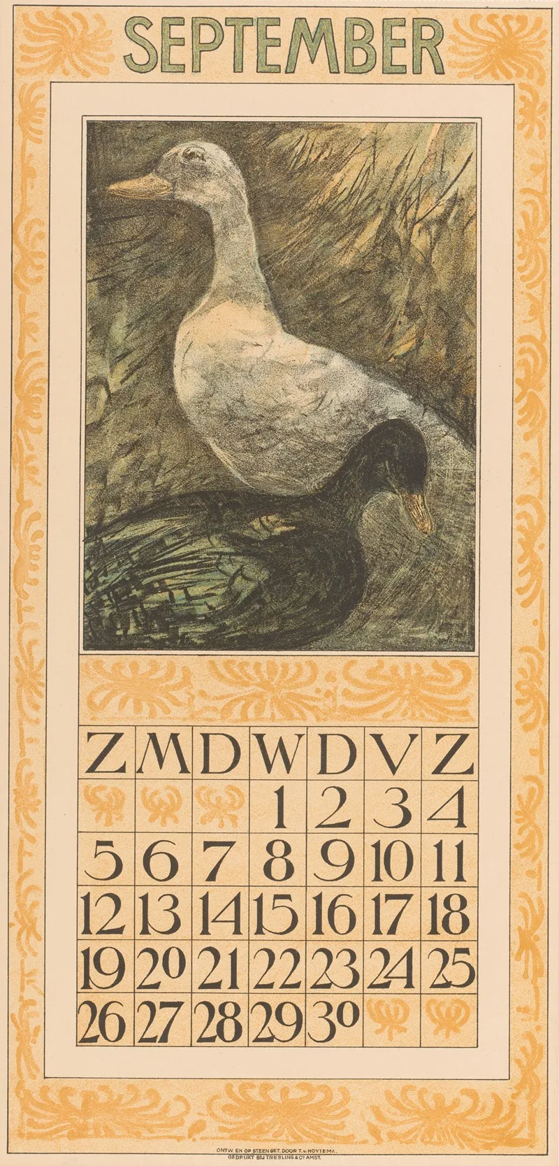 Kalenderblad September Met Twee Staande Eenden