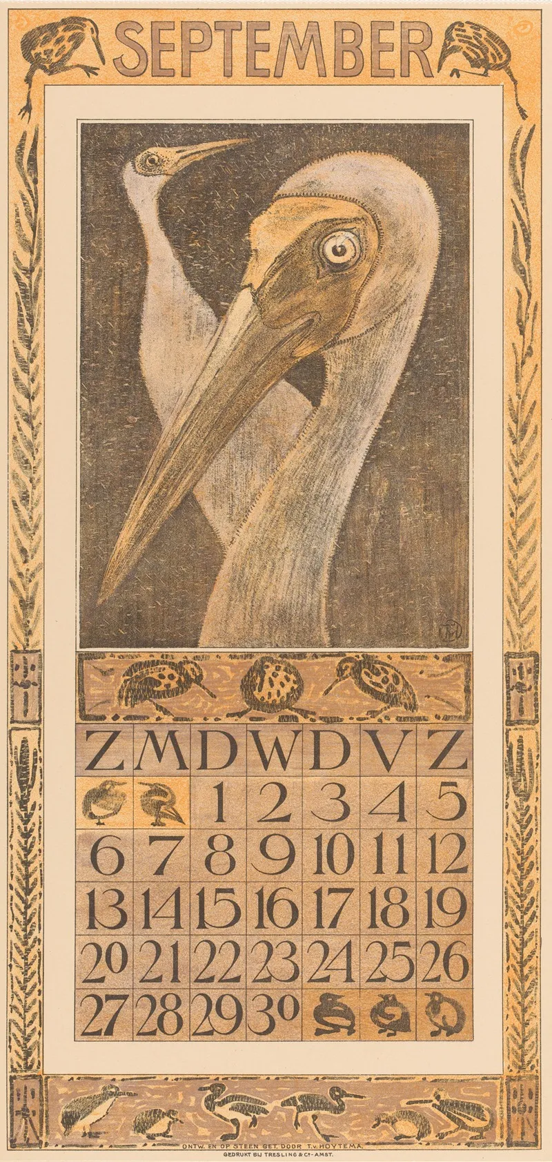 Kalenderblad September Met Twee Vogels