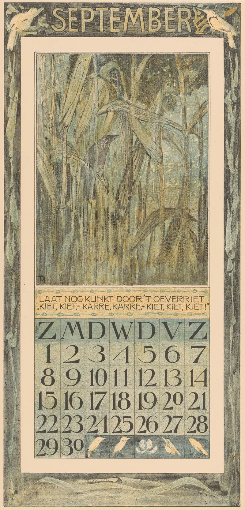 Kalenderblad September Met Vogel In Het Riet