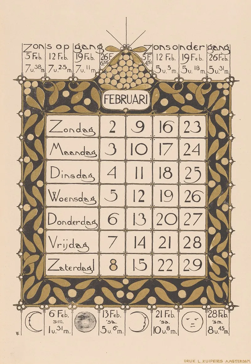 Kalenderblad Voor Februari 1896