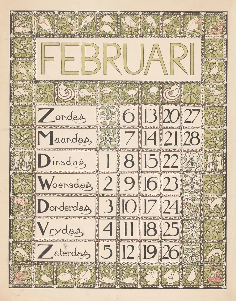 Kalenderblad Voor Februari 1898
