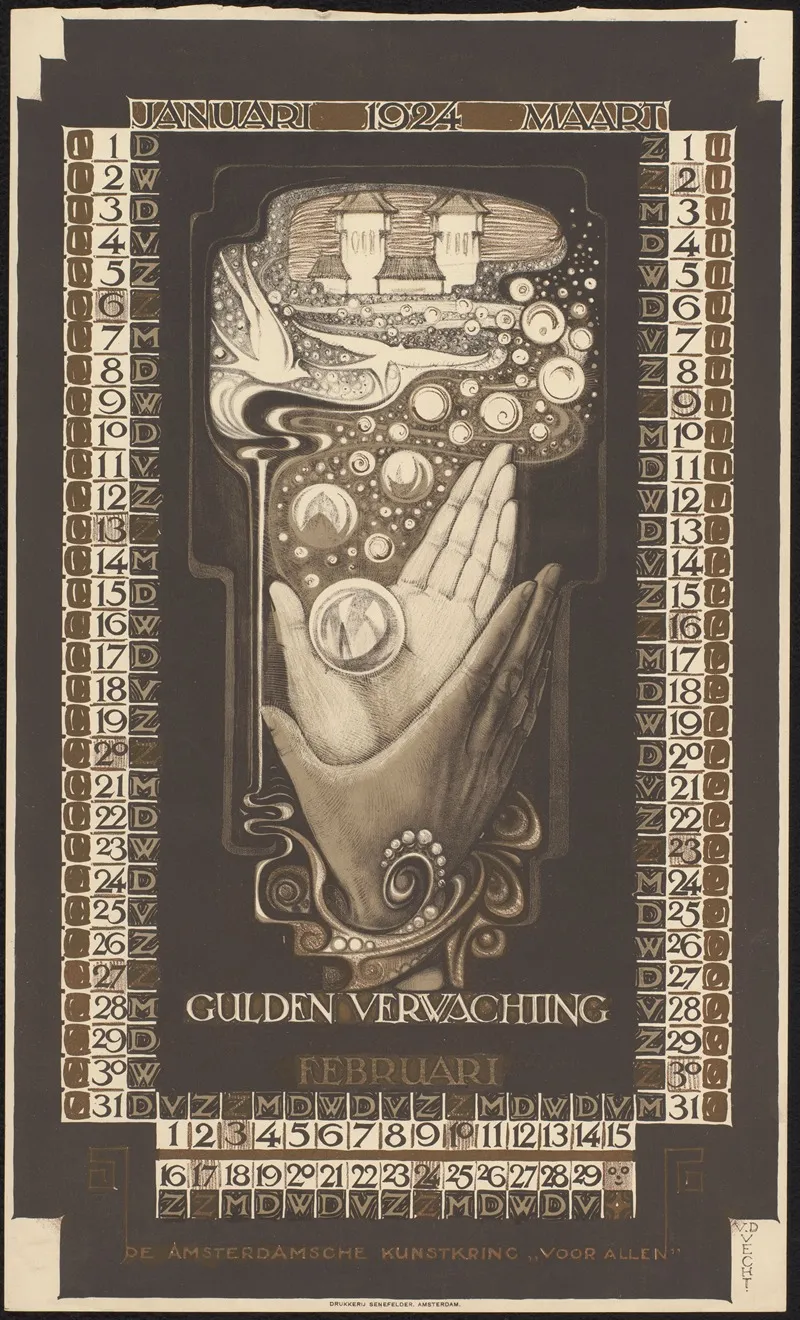 Kalenderblad Voor Januari Tot En Met Maart 1924 Wall Art by Nicolaas van de Vecht - High-Resolution Digital Print