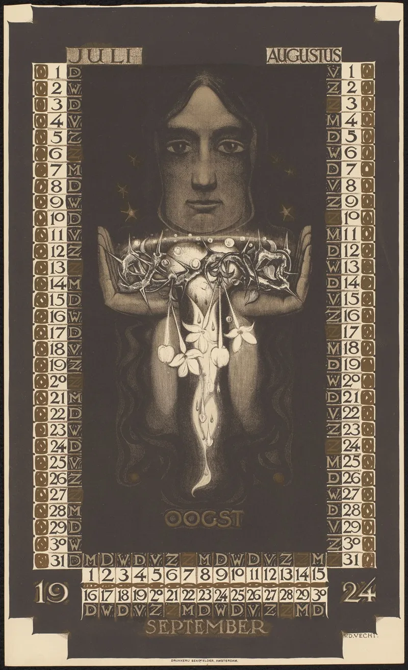 Kalenderblad Voor Juli Tot En Met September 1924 Wall Art by Nicolaas van de Vecht - High-Resolution Digital Print