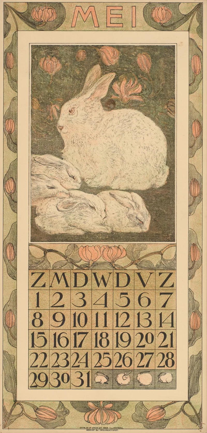 Kalenderblad Voor Mei 1910 Met Een Wit Konijn Met Vier Jongen