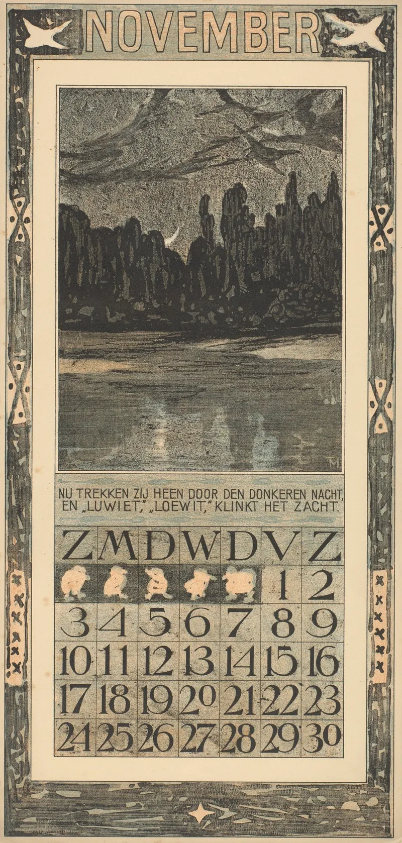 Kalenderblad Voor November 1907 Met Trekvogels In Een Nachtlandschap