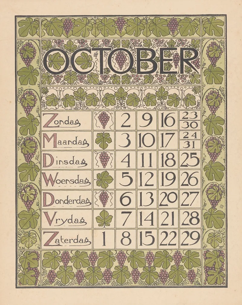 Kalenderblad Voor Oktober 1898