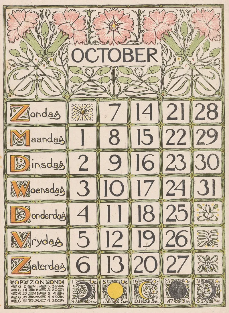Kalenderblad Voor Oktober 1900