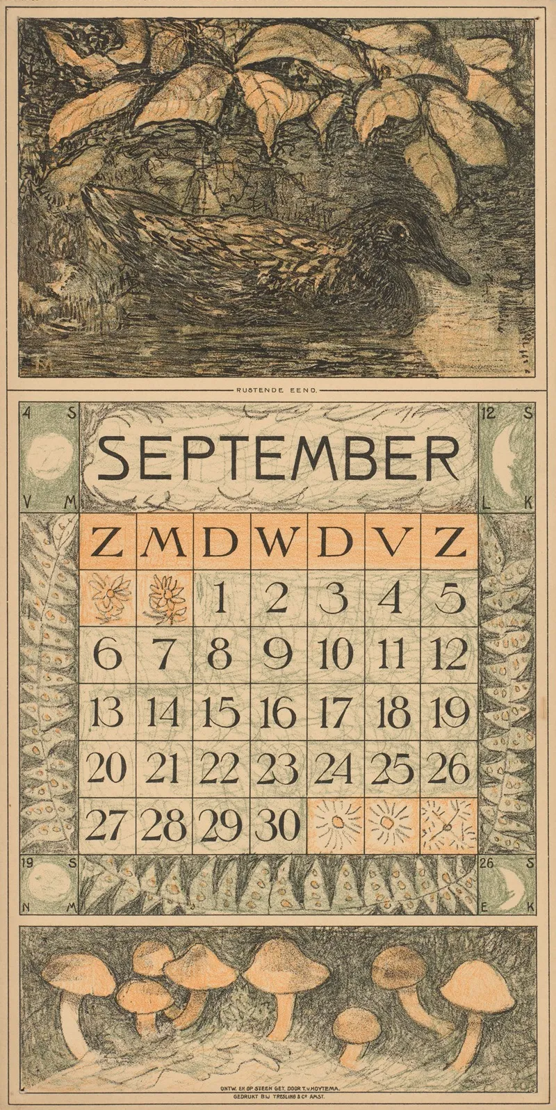 Kalenderblad Voor September 1914 Met Een Eend Op Het Water