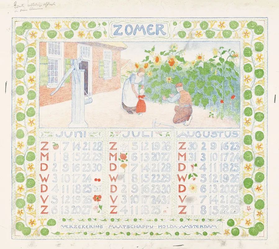 Kalenderblad Voor Zomer 1904 Van De Verzekering Maatschappij Holda In Amsterdam