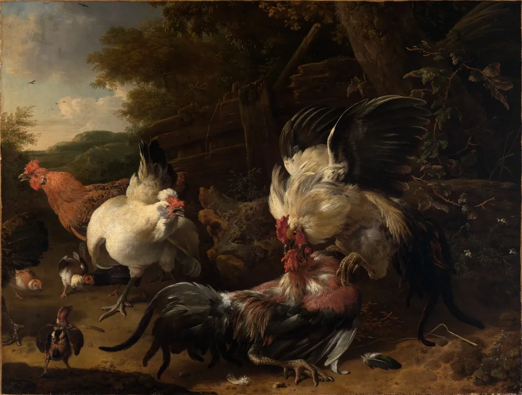 Kampfende Hahne Wall Art by Melchior d'Hondecoeter - High-Resolution Digital Print