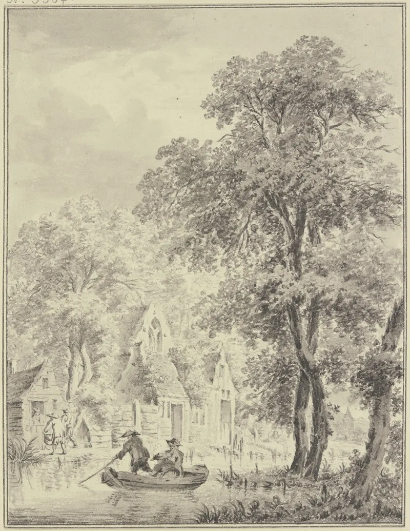 Kanal Bei Hausern Im Wald Vorne Ein Boot Mit Drei Mannern Wall Art by Paulus van Liender - High-Resolution Digital Print
