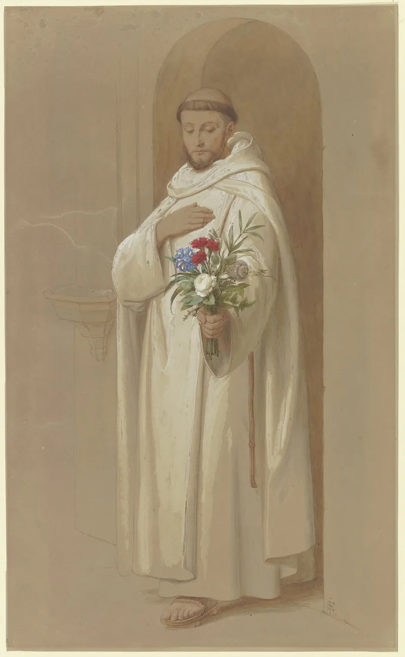 Kartausermonch Mit Einem Straus Symbolischer Blumen