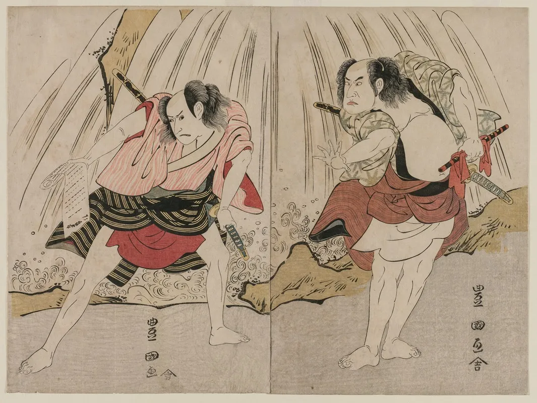 Kataoka Nizaemon Vii And Ichikawa Yaozo Iii In A Confrontation Beside A Waterfall Wall Art by Toyokuni Utagawa - High-Resolution Digital Print
