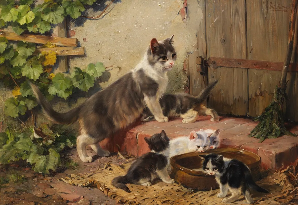 Katzenfamilie Am Milchnapf Wall Art by Julius Adam the younger - High-Resolution Digital Print