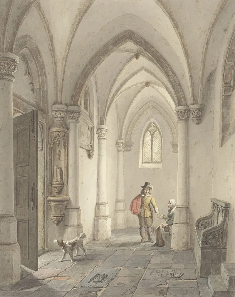 Kerkinterieur Met Man Die Bedelaarster Een Aalmoes Geeft Wall Art by Georg Gillis van Haanen - High-Resolution Digital Print
