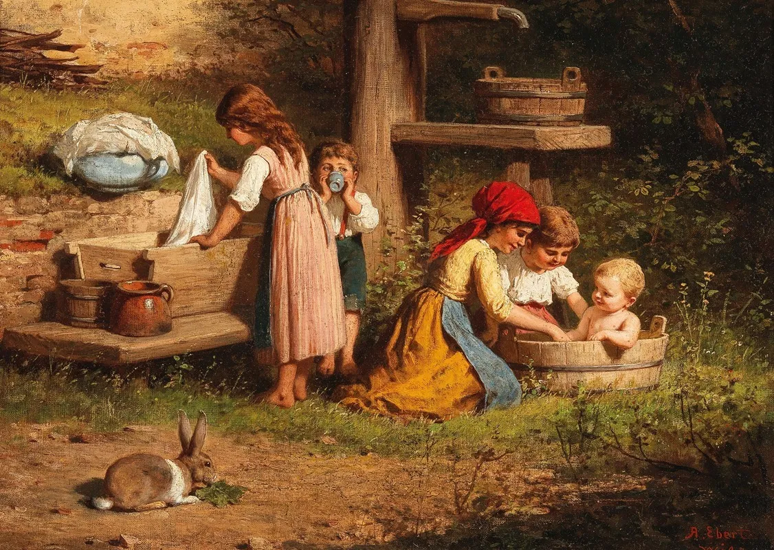 Kinder Am Brunnen Ruckseitig Alt Betitelt