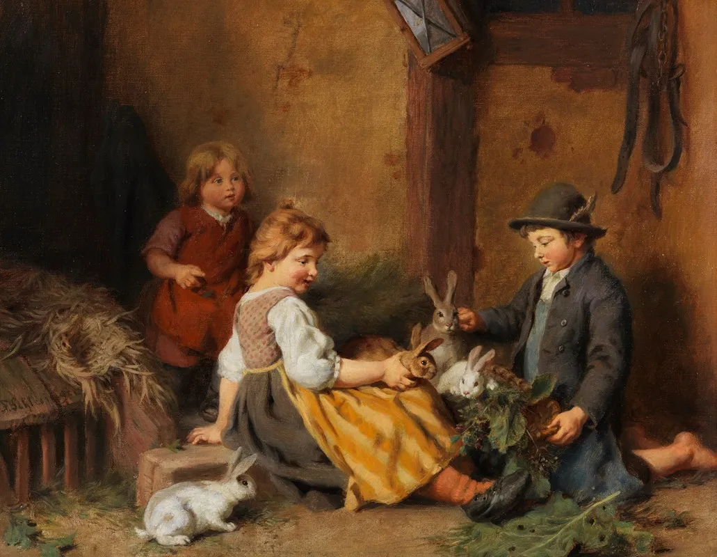 Kinder Mit Hasen Im Stall 2 Wall Art by Felix Schlesinger - High-Resolution Digital Print