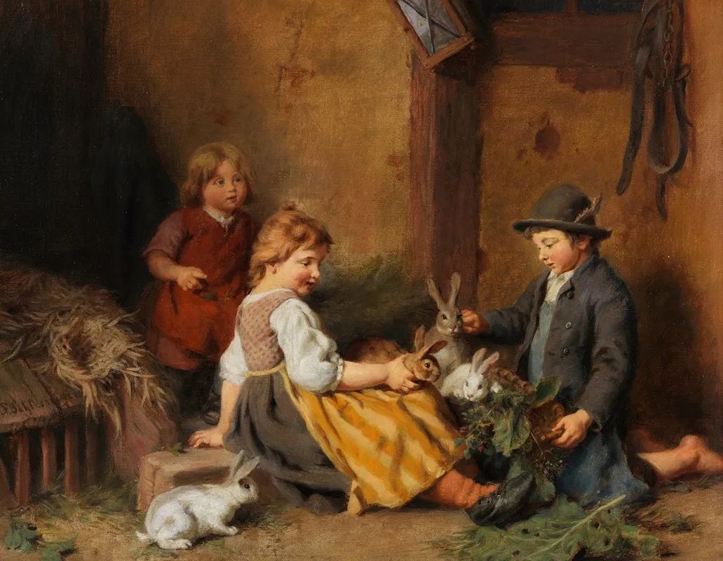 Kinder Mit Hasen Im Stall Wall Art by Felix Schlesinger - High-Resolution Digital Print