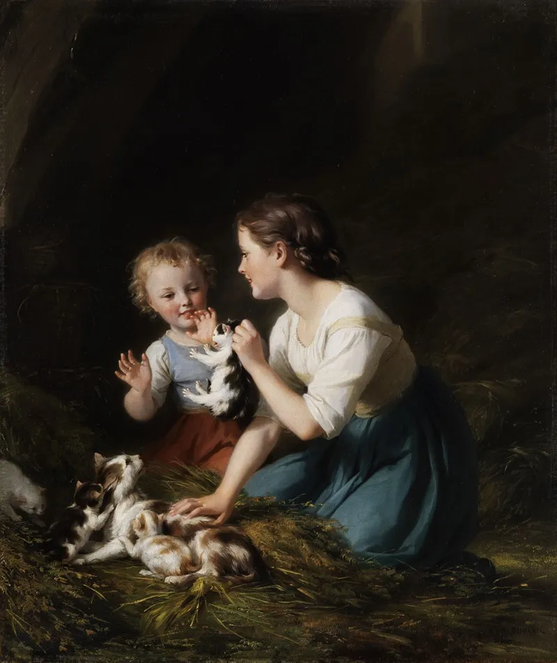 Kinder Mit Katzchen Wall Art by Fritz Zuber-Bühler - High-Resolution Digital Print