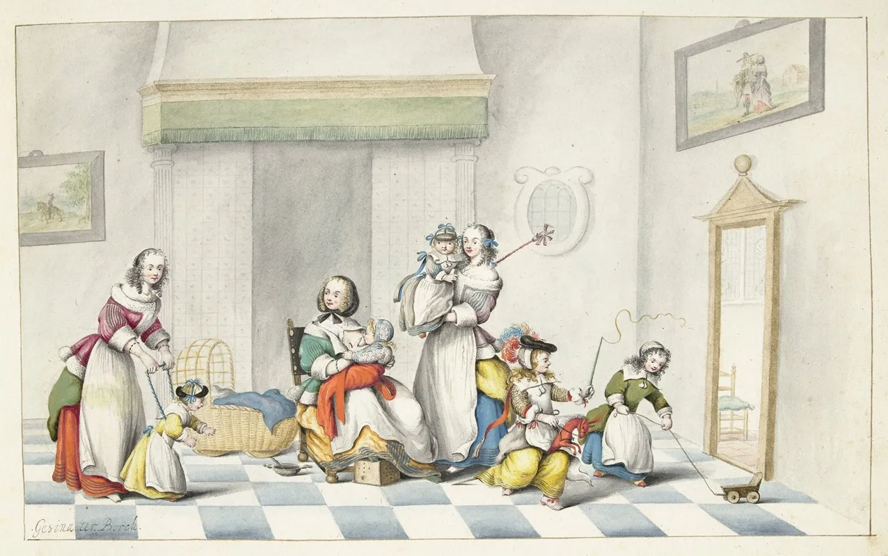 Kinderkamer Met Drie Vrouwen En Kinderen Wall Art by Gesina ter Borch - High-Resolution Digital Print