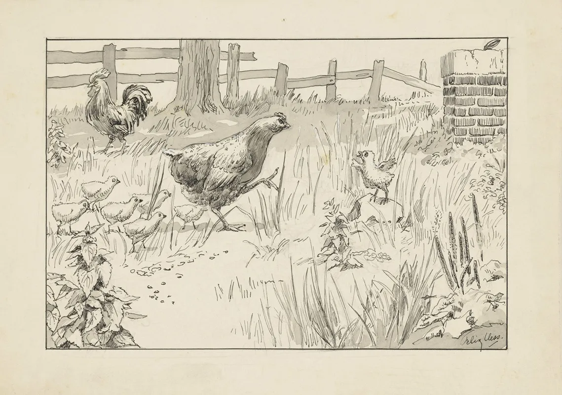 Kip En Kuikens In Een Omheind Veld 2 Wall Art by Felix Hess - High-Resolution Digital Print