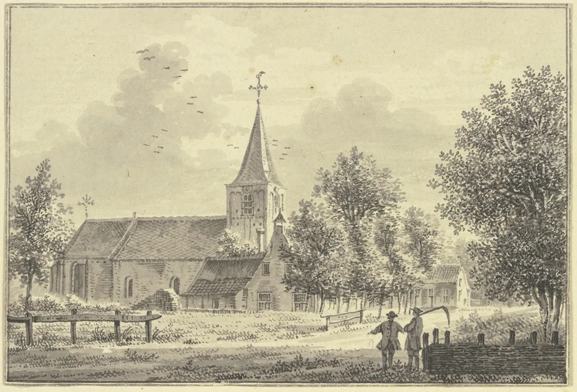 Kirche An Der Landstrasse Rechts Zwei Manner Der Eine Tragt Eine Sense