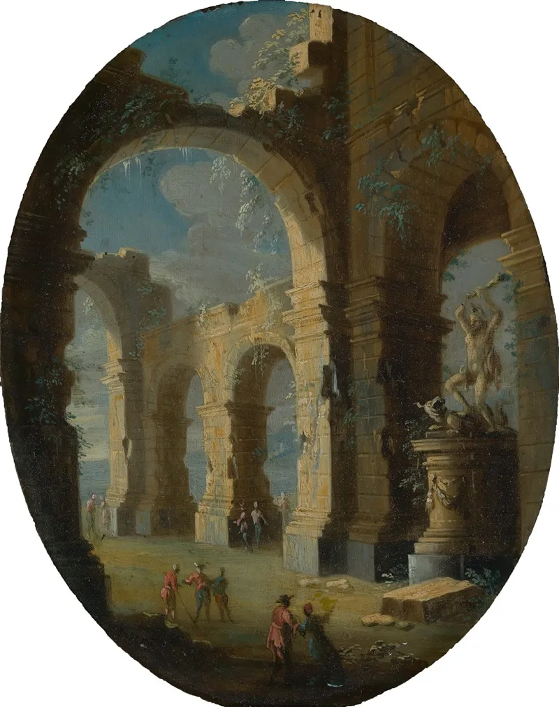Kirchenruine Mit Figuren Und Herkulesstandbild Wall Art by Leonardo Coccorante - High-Resolution Digital Print
