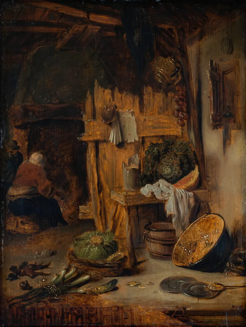 Kitchen Interior With Woman By The Hearth Wall Art by Willem Kalf - High-Resolution Digital Print